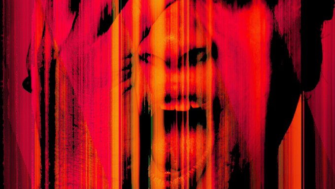 An abstract, distorted image featuring a face in black against a background of intense red, yellow, and orange vertical streaks.