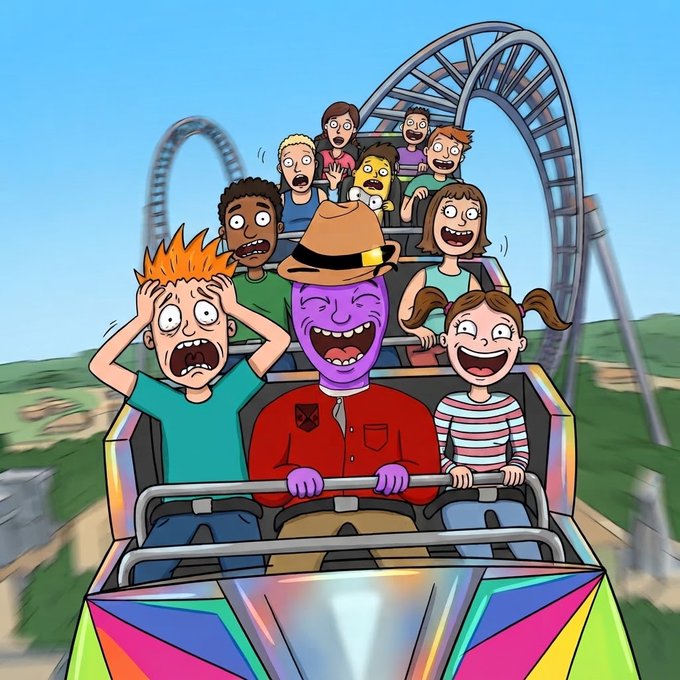 A purple character in a ranger hat and red shirt joyfully rides a roller coaster with diverse cartoon passengers, including a terrified orange-haired boy, symbolizing the post's theme of welcoming community where everyone, including the "derpy" ones, can show up and have fun together.