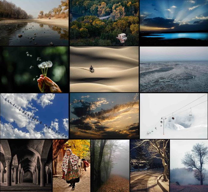 A grid of 12 diverse landscape and nature photographs, featuring scenic views of rivers, forests, deserts, skies, mountains, architecture, and portraits, likely showcasing the photographer's portfolio as promoted in their post inviting viewers to see their artworks on objkt.com.