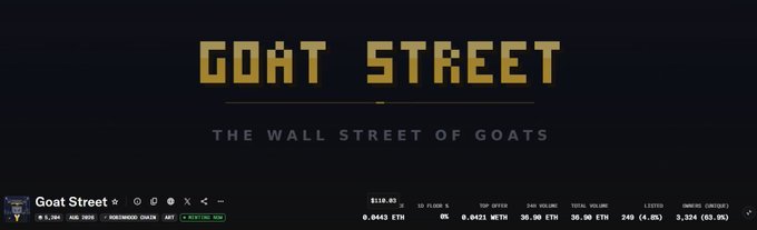 A logo for 'GOAT STREET' with the tagline 'THE WALL STREET OF GOATS' and token statistics showing a price of $110.90 and market cap of $9.26K.