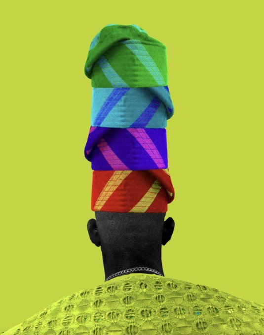 Stylized rear-view artwork of a person in bright patterned clothing and a towering stack of green, blue, purple, and red headwear.