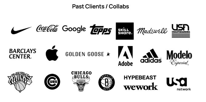 The image features a large black and white poster with various logos, including those of companies such as Coca-Cola, Apple, Google, Adidas, and more. The poster also includes some smaller logos like the NBA logo for the Brooklyn Nets and the NBA logo for the Manhattan Nets. The text on the poster reads "Another one. I realized @GLiFSbyEfdot @EfdotStudio 's work is all over Manhattan and Brooklyn. I hope I can see it in person when I get my O1 visa."