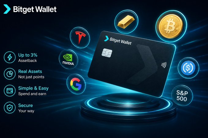 An advertisement for Bitget Wallet showing a black credit card surrounded by icons of gold, Bitcoin, Tesla, NVIDIA, Google, USDC, and S&P 500, with features listed: 'Up to 3% Assetback', 'Real Assets Not just points', 'Simple & Easy Spend and earn', and 'Secure Your way'.