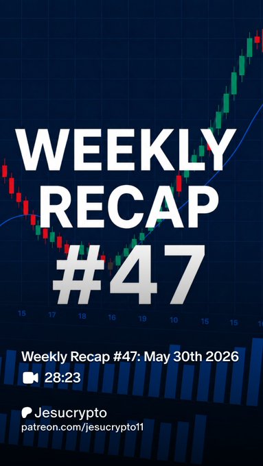 The image shows a poster for a weekly cryptocurrency news item titled "Weekly Recap #47" with the date and time displayed, including an event where the number 47 will be confirmed as the new maximum price of Bitcoin. The poster features a blue grid-like backdrop on which there are various numbers indicating different Bitcoin values, possibly related to the daily market trends. Additionally, the post includes the name "JesusCrypto" in the bottom left corner and the hashcode "#posts/1592876".