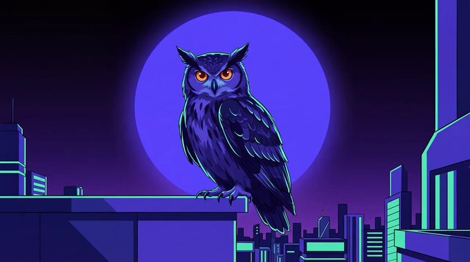 A digital illustration features a dark owl with bright orange eyes perched in front of a large purple moon, set against a futuristic neon-lit cityscape.