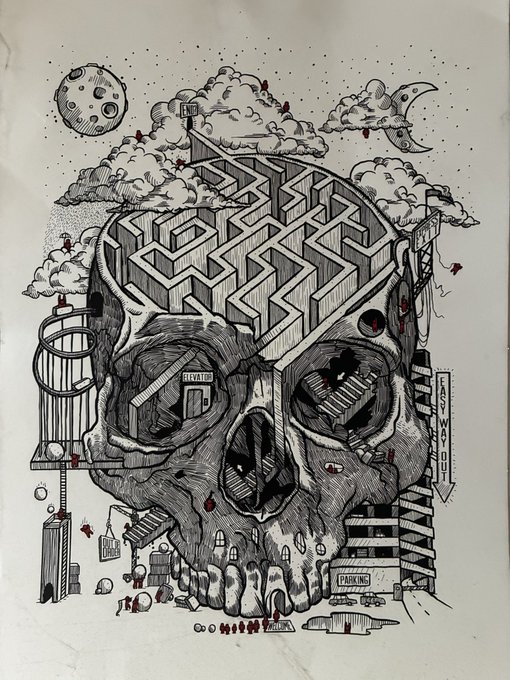 A detailed black and white pen illustration of a skull with a maze inside the top of the cranium, featuring a moon, clouds, an elevator door, and 'NO PARKING' sign, with small red accents.