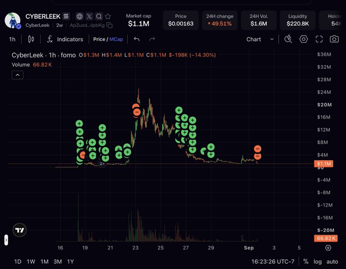 A trading chart for "CYBERLEEK" token (ApZuxd...jipbKg) shows the price action after the trader took profits, displaying a market cap of $1.1M, price of $0.00163, with a notable +49.51% 24H change and a 24H volume of $1.6M. The chart reveals a significant price spike around August 23rd reaching approximately $24M before declining back to the current $1.1M level, illustrating the volatile journey of the token that allowed the trader to secure their gains.