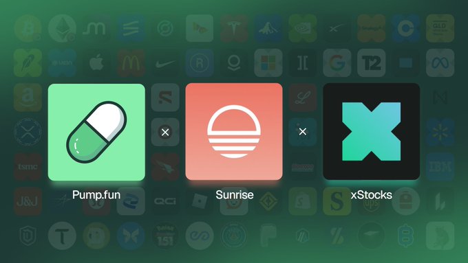 Three app icons labeled "Pump.fun" (pill), "Sunrise" (sunrise), and "xStocks" (blue X) are displayed against a background of faded tech and brand logos.
