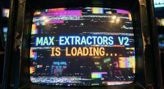 A vintage CRT television displays glitchy, colorful static with the text "MAX EXTRACTORS V2 IS LOADING..." over a loading bar, tying into the post's announcement that the V2 game mode has been triggered for players who survived to the 4,444 threshold, with new art preparing to upload as they continue toward the final goal of 444.