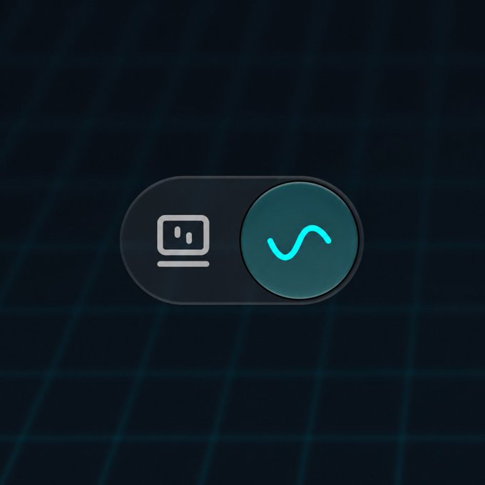 A digital icon toggle switch on a dark grid background, featuring a white hard drive symbol on the left and a teal circular button with a wavy line on the right.