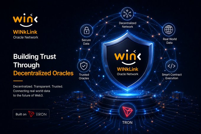 A promotional graphic for WINkLink Oracle Network featuring a blue shield logo, highlighting features like 'Secure Data', 'Trusted Oracles', 'Decentralized Network', 'Real World Data', and 'Smart Contract Execution', built on TRON.