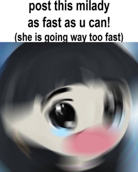 Meme featuring a spinning distressed cartoon character with the text 'post this milady as fast as u can! (she is going way too fast)'.