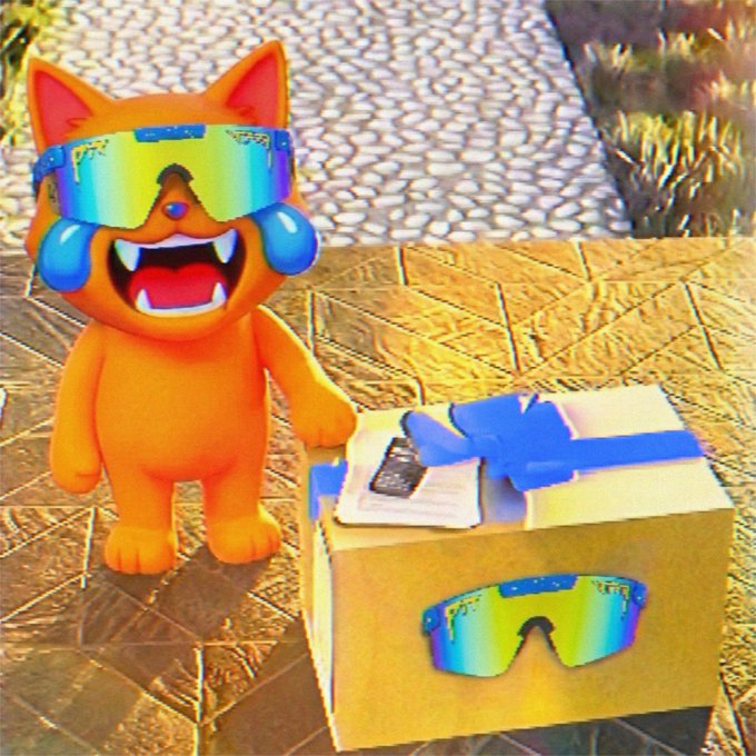 A 3D-rendered orange cat-like character wearing large, shiny blue-tinted sunglasses, standing next to a cardboard box with an image of the same sunglasses printed on it.