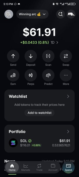 A mobile app interface showing a crypto portfolio balance of "$61.91" with options like Send, Deposit, Scan, and Swap, displaying a holding of 0.533 SOL.