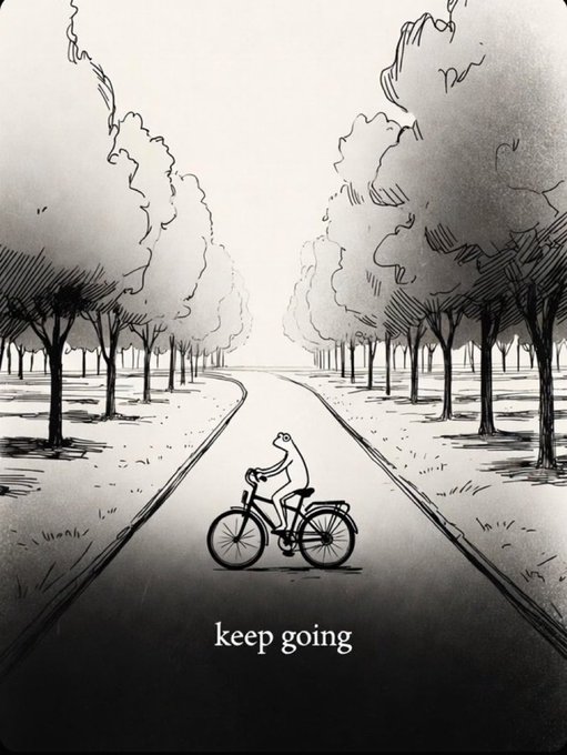 A black and white illustration shows a small bear-like figure riding a bicycle down a road lined with trees, with the text 'keep going' written below.