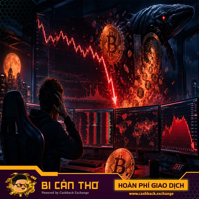 A dramatic AI-generated image depicting Bitcoin crash imagery with a dark shark-like creature, red downward charts, Bitcoin coins, and a trader at multiple monitors, branded 'BI CÂN THƠ - Cashback Exchange' with cashback offer text.