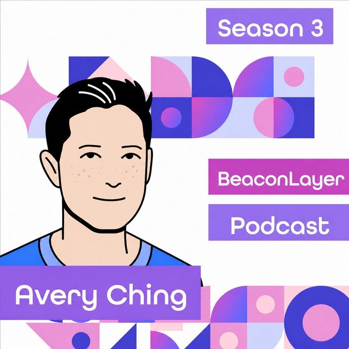 A podcast cover for "Season 3" of the BeaconLayer Podcast featuring Avery Ching, illustrated as a cartoon avatar of a smiling man with dark hair. The image promotes an episode discussing crypto, AI, Aptos' fundraising, comparisons to other Layer 1s, and the Move programming language.