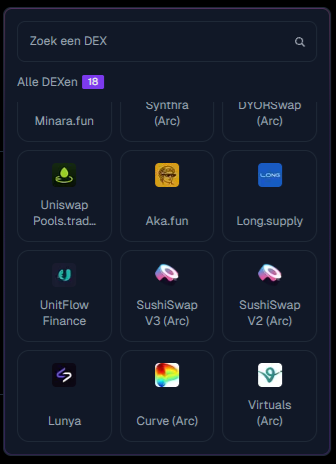 A screenshot of a DEX listing interface in Dutch ('Zoek een DEX', 'Alle DEXen') showing various decentralized exchanges like Uniswap, SushiSwap, Curve, and Lunya on the Arc network.