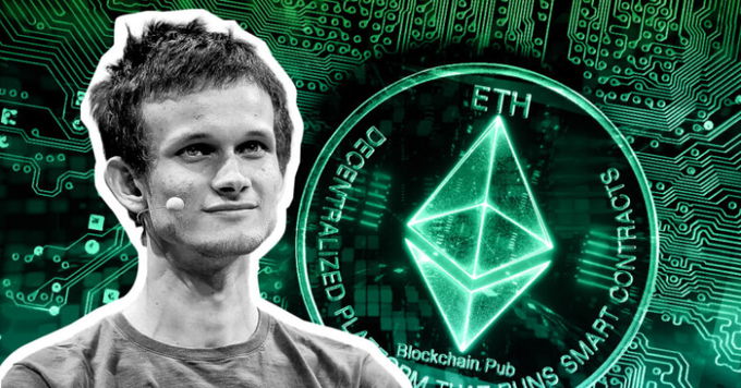 A black-and-white portrait of Vitalik Buterin, Ethereum co-founder, set against a green digital background featuring the Ethereum (ETH) logo and text about decentralized applications and smart contracts.