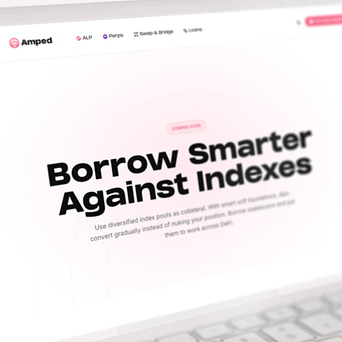 A website mockup for Amped Finance displaying the headline 'Borrow Smarter Against Indexes' with a 'Coming Soon' tag, describing the use of diversified index pools as collateral on the DeFi platform. Navigation tabs include ALP, Perps, Swap & Bridge, and Loans.