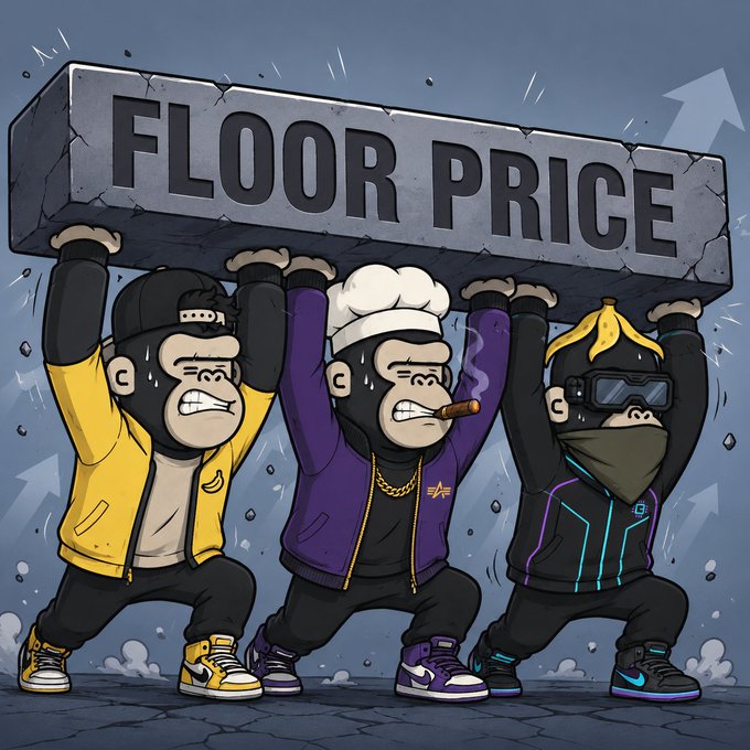 A cartoon illustration of three young Apes working together to lift a large stone block that says "floor price." The Apes are depicted as wearing colorful clothing with various items such as hats, backpacks, pants, vests, ties, jackets, sunglasses, and shoes. They appear to be in different positions but are clearly engaged in the action of lifting the stone block together.

The post on which this image is located talks about how Apes are not about floor prices or getting rich overnight, but rather about building a strong community that can lift anything together by working as a united force and supporting each other throughout their lives. The phrase "floor can go up. Floor can go down. It can even go to 0." suggests that the Apes should remain focused on their goal despite any challenges or setbacks they may face in achieving it.