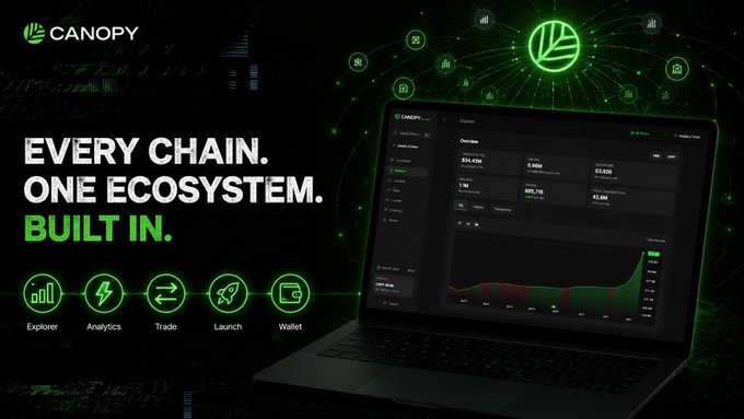 A Canopy promotional graphic stating 'EVERY CHAIN. ONE ECOSYSTEM. BUILT IN.' featuring icons for Explorer, Analytics, Trade, Launch, and Wallet alongside a laptop displaying a crypto dashboard.