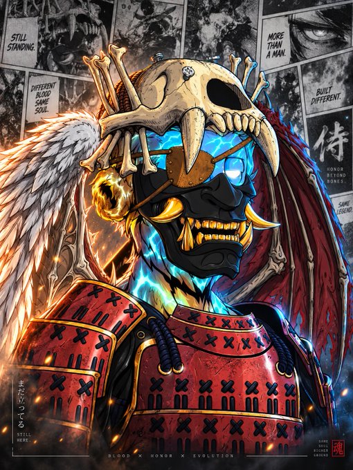 A stylized samurai illustration featuring a skull-adorned helmet and red armor against a comic-book backdrop with text including 'STILL STANDING', 'DIFFERENT BLOOD SAME SOUL', 'MORE THAN A MAN', 'BUILT DIFFERENT', 'BLOOD X HONOR X EVOLUTION'.