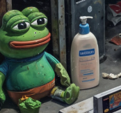 A small Pepe the Frog figurine with a smug expression sitting next to a large pump bottle of Cetaphil lotion.