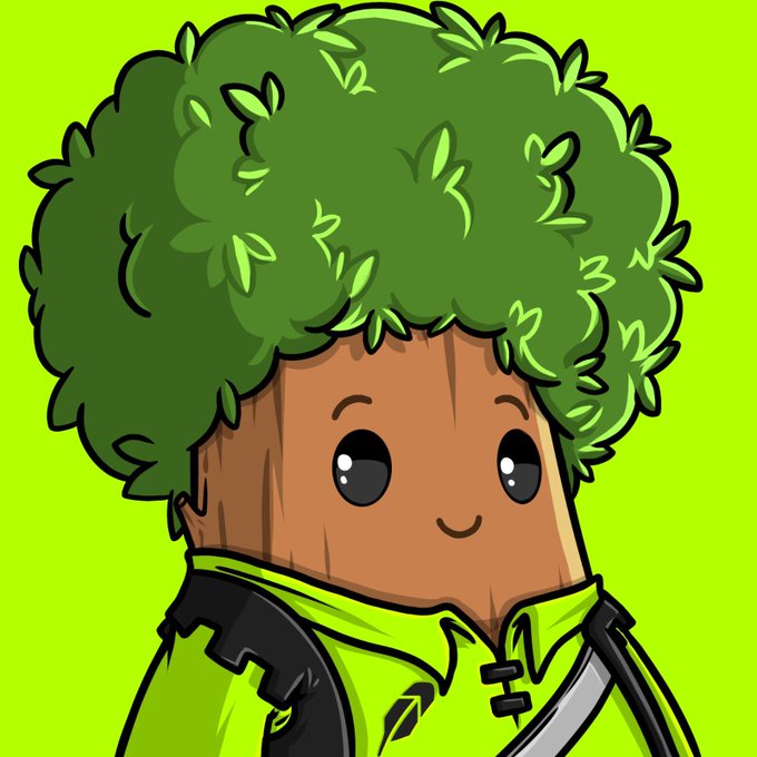 A cartoon-style illustration of a smiling tree-like character with a bushy green leafy afro and a wooden face, wearing a bright green shirt with a black harness against a lime green background.