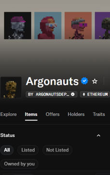 OpenSea NFT collection page displaying pixel-art items titled "Argonauts BY ARGONAUTSDEP," categorized under Items on the Ethereum blockchain.