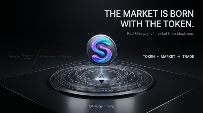 A promotional graphic for a crypto token with the text 'THE MARKET IS BORN WITH THE TOKEN' and 'Real Uniswap v4 market from block one,' showing an 'S' logo on a pedestal with 'TOKEN + MARKET → TRADE'.