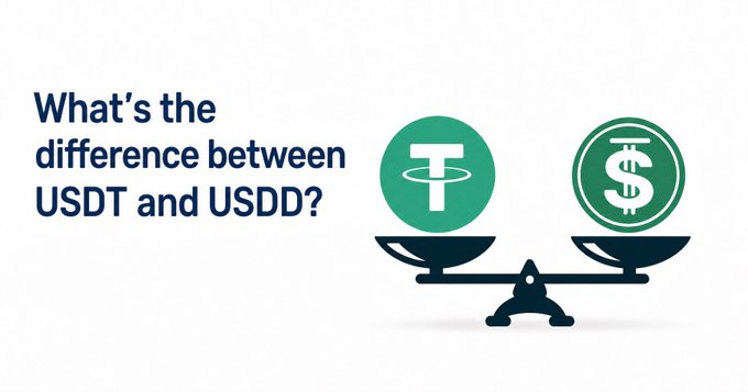 The image shows two coins placed on a scale against each other with the text "What's the difference between USDT and USDD?" above them. The coin on the left is labeled "USDT" while the one on the right has a dollar sign, indicating that it represents the US dollar (USD). The text asks about the difference between these two coins, which are both used in the cryptocurrency world for various purposes such as transactions or payments.