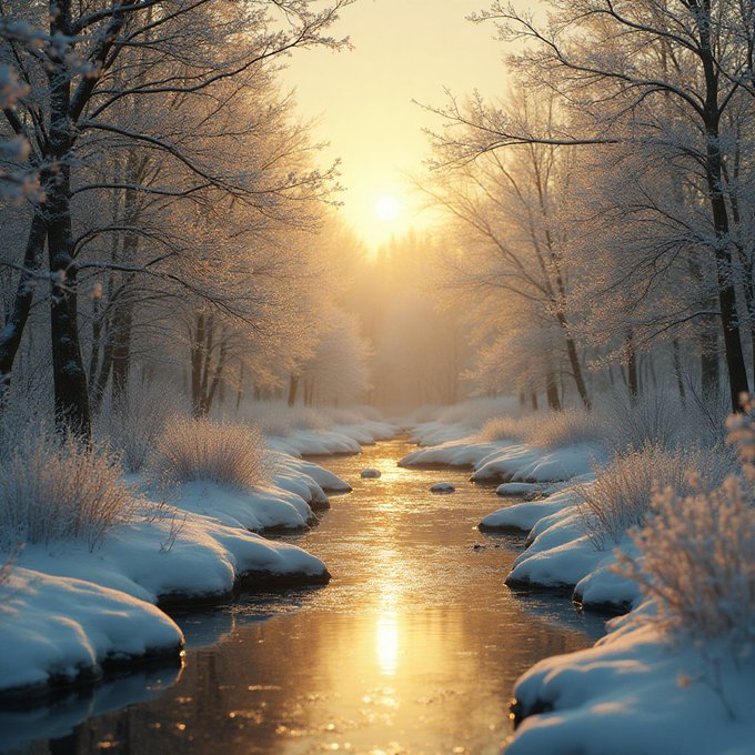 A serene winter landscape photograph showing a small stream reflecting golden sunlight, surrounded by snow-covered banks and frost-covered trees.