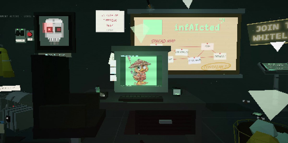 The image shows a computer desk with various items, including a monitor displaying a cartoon character, a keyboard, and a mouse. The desk also has a sign that says "INTROED" and another sign that reads "@wizzird25". A person is sitting in an office chair at the desk, likely working on their computer or attending to other tasks.