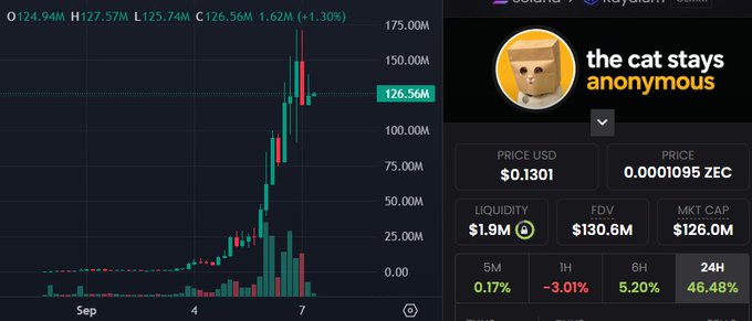 A cryptocurrency chart shows price action around $126.56M for a token named 'the cat stays anonymous' with a $130.6M FDV and $126.0M market cap.