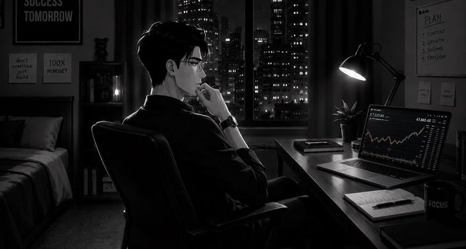 A young man sits at his desk late at night, focused on a laptop displaying a rising crypto chart priced at $3,302, with a "FOCUS" mug and "SUCCESS TOMORROW" poster on the wall—mirroring the hopeful desperation of waiting for that one coin to finally pump.
