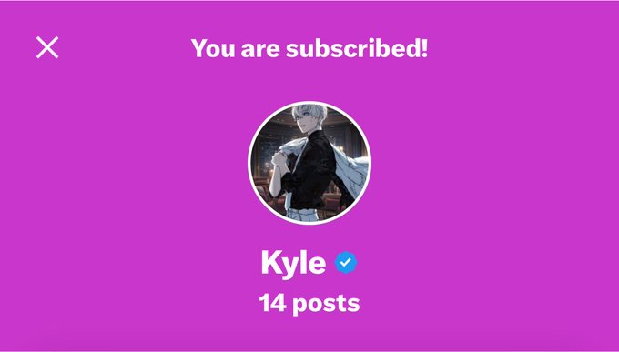 A subscription confirmation screen with the text 'You are subscribed!' showing a profile for 'Kyle' with 14 posts on a pink background.