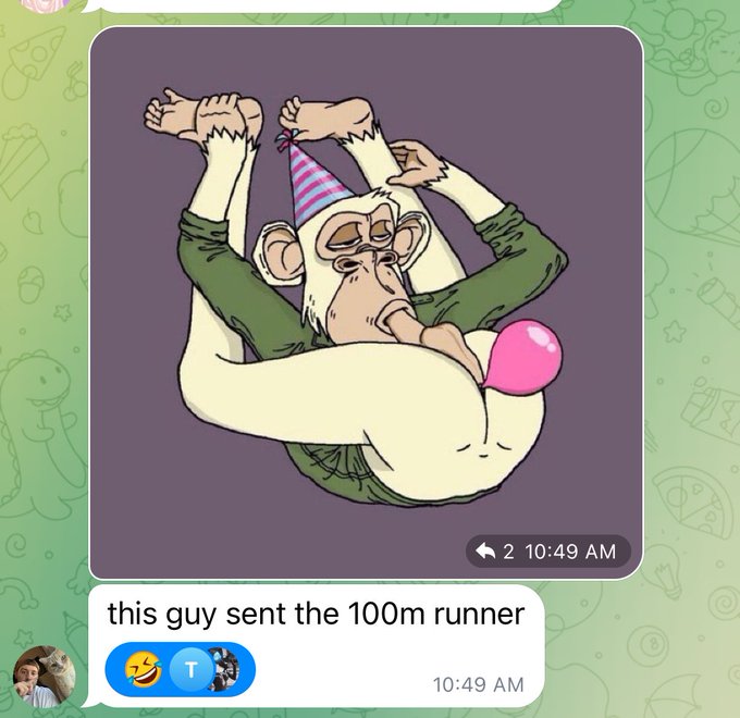 A chat message screenshot featuring a cartoon sticker of a monkey in a party hat in a suggestive pose, with the caption 'this guy sent the 100m runner'.