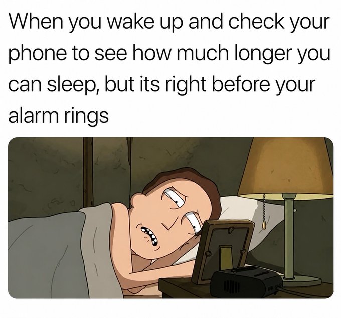 A meme featuring an animated character (Jerry from Rick and Morty) in bed looking at his phone, captioned: 'When you wake up and check your phone to see how much longer you can sleep, but its right before your alarm rings.'