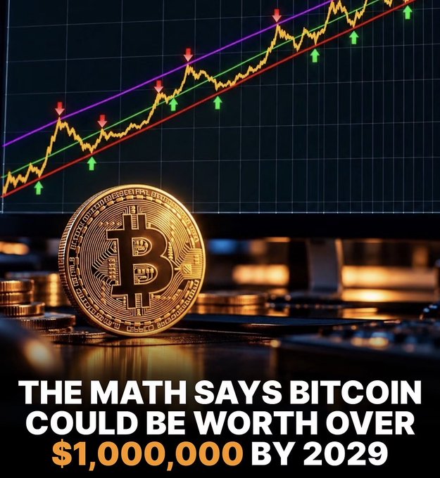A graphic showing a gold Bitcoin coin in front of a trading chart with red and green trendlines, captioned 'THE MATH SAYS BITCOIN COULD BE WORTH OVER $1,000,000 BY 2029'.