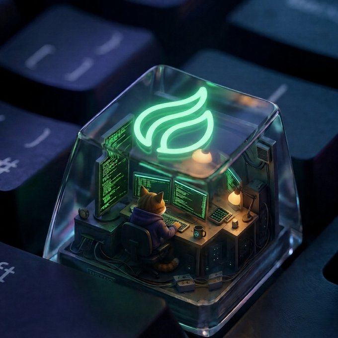 A miniature diorama features a cat wearing a purple hoodie working at a desk with glowing monitors, all encased in a transparent keycap displaying a neon green leaf logo, sitting atop a dark keyboard. The scene visually captures the "build mode: ON" vibe, portraying a determined coder hard at work even on a keyboard.