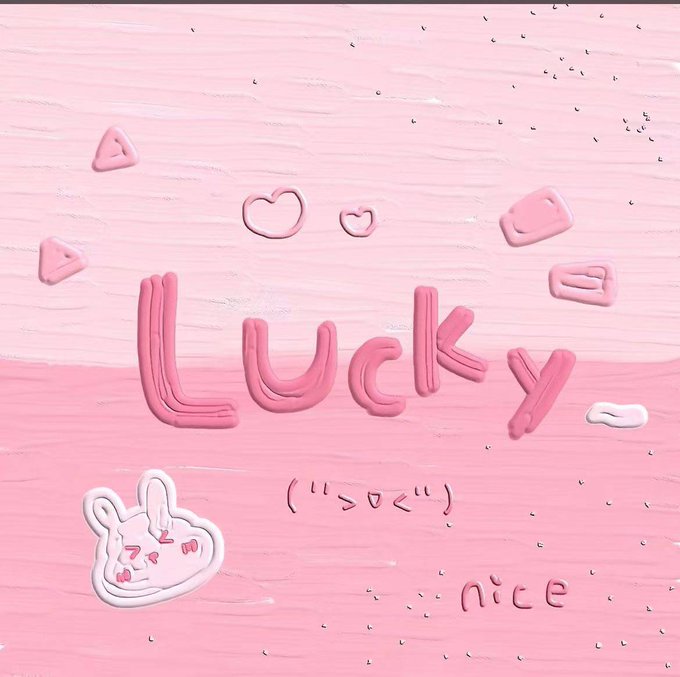 A pink-themed illustration with the word 'Lucky' in stylized pink lettering, hearts, a cute bunny character, and the emoticon (' ' > v < ' ') and the word 'nice'.