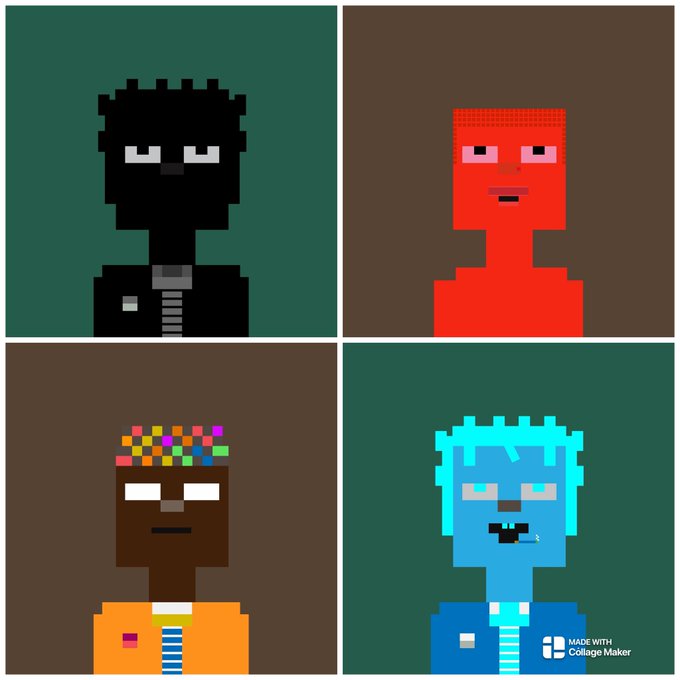 Four pixel-art portraits of stylized characters arranged in a 2x2 grid, with one resembling Rick Sanchez, against green and brown backgrounds, marked 'MADE WITH Collage Maker'.