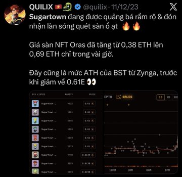 Vietnamese Twitter/X post by @quillix dated 11/12/23 discussing Sugartown NFT Oras price rising 0.38 ETH to 0.69 ETH, marking ATH for Zynga collection, which previously dropped about 0.61 ETH, with attached NFT listing/sales screenshot.