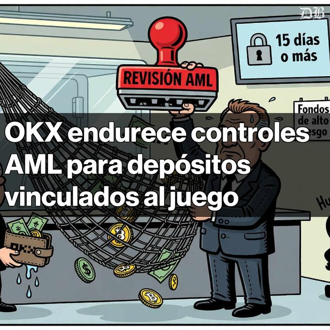 A Spanish-language cartoon illustration titled 'OKX endurece controles AML para depósitos vinculados al juego' (OKX tightens AML controls for game-linked deposits) shows a worried man behind an 'OKX' counter with a stamp reading 'REVISIÓN AML' and a 15-day lock symbol.