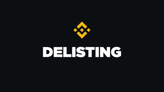 A graphic displaying the Binance logo (a yellow diamond shape) above the word 'DELISTING' in white text on a black background.