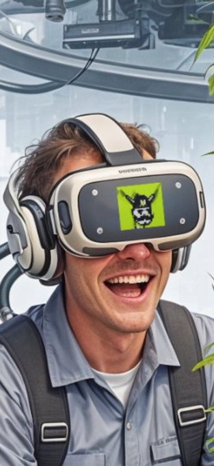 A man wearing a VR headset with a "Broker Punks" logo on the display, laughing enthusiastically in what appears to be a tech-filled environment. The image relates to the post's theme of Beeple featuring Broker Punks artwork, as the headset prominently displays the Broker Punks branding.