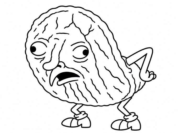 A black and white cartoon-style line drawing of an anthropomorphic walnut character with a worried expression, standing with one hand on its hip and wearing shoes.