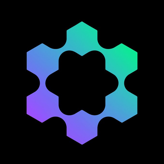 A geometric logo featuring interconnected hexagons in a gradient of teal, green, blue, and purple on a black background.