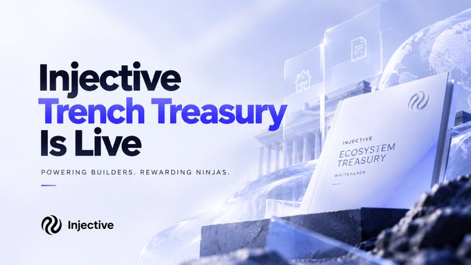 A promotional graphic with text 'Injective Trench Treasury Is Live' and 'POWERING BUILDERS. REWARDING NINJAS.', featuring a 'Injective Ecosystem Treasury Whitepaper' document.